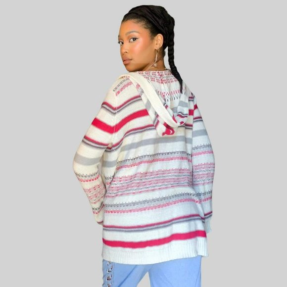 striped knit cardigan hoodie in gray, red, and off white - Picture 4 of 4